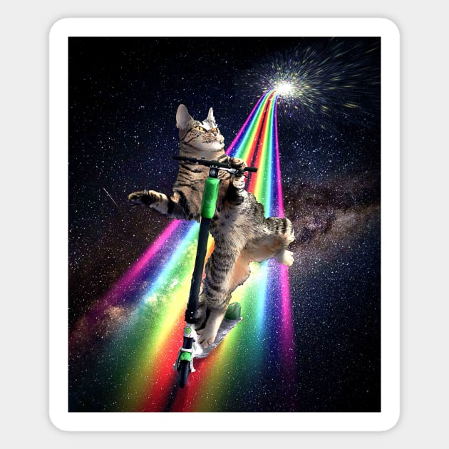 Galaxy Space Cat On Scooter Rainbow Sticker by Random Galaxy